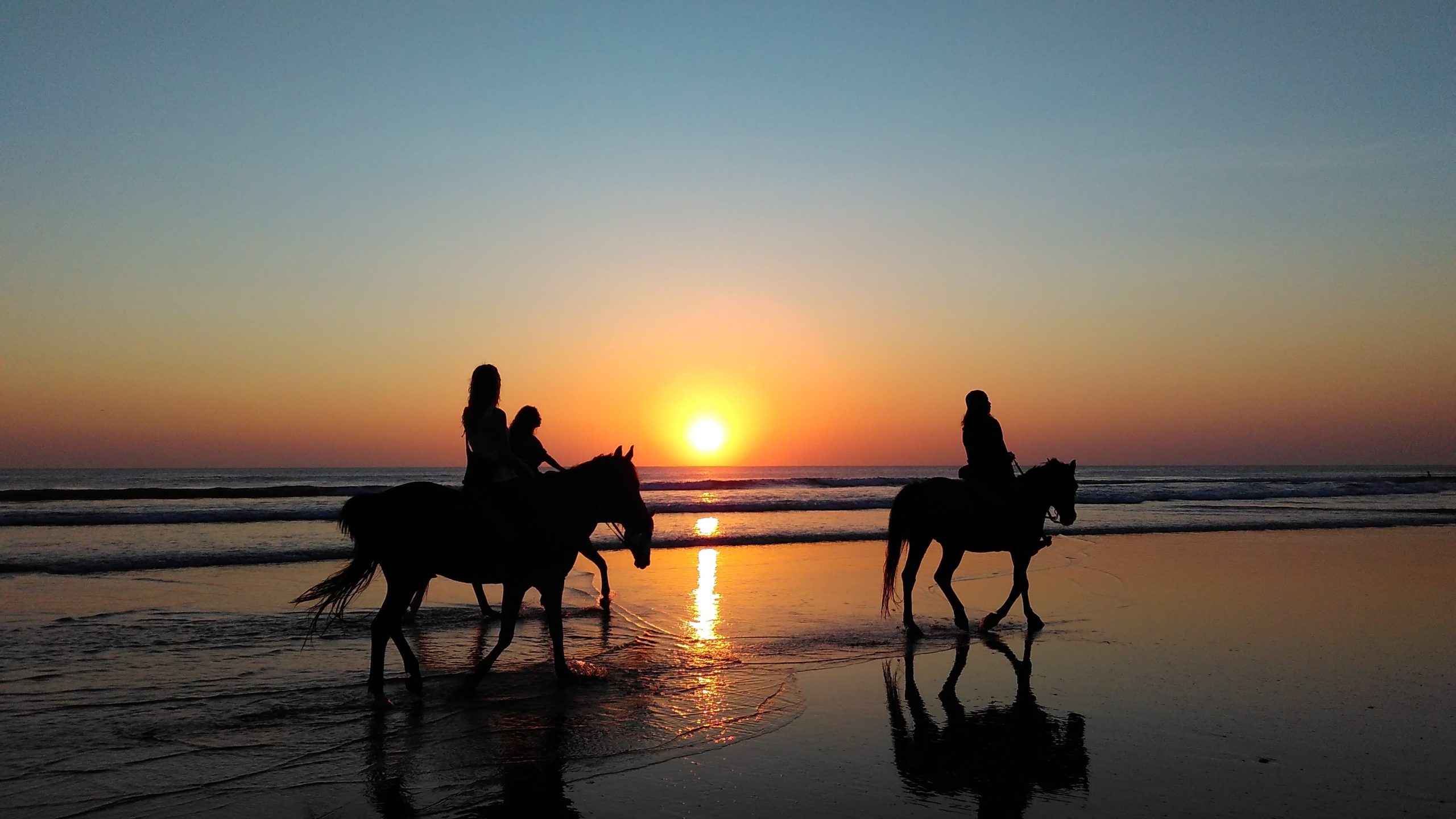 Paardijden op het strand tijdens de zonsondergang